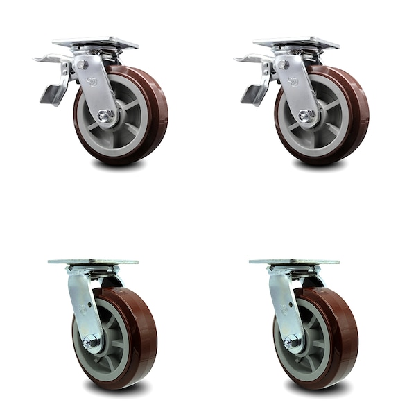 6 Inch Polyurethane Swivel Caster Set with Ball Bearing 2 Total Lock Brake SCC